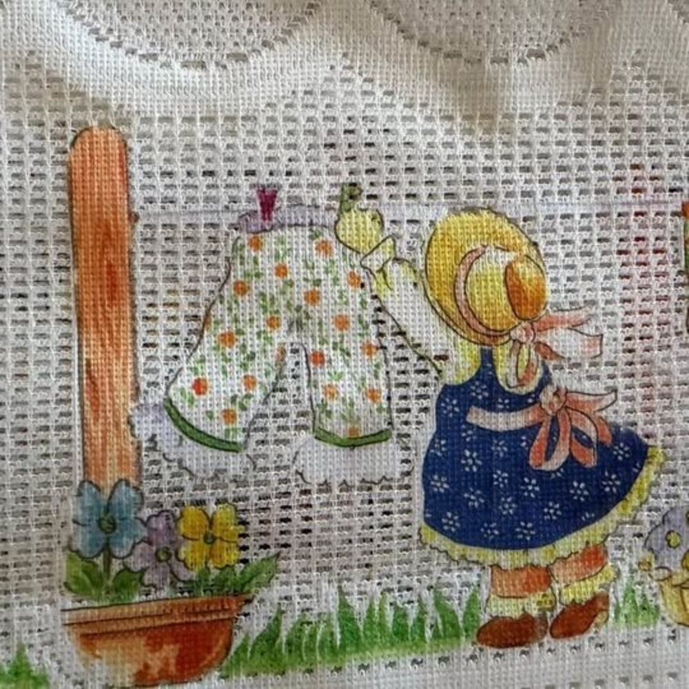 Vintage Faux Cross Stitch Printed Lace Fabric Trim Sun Bonnet Sue or Holly Hobby